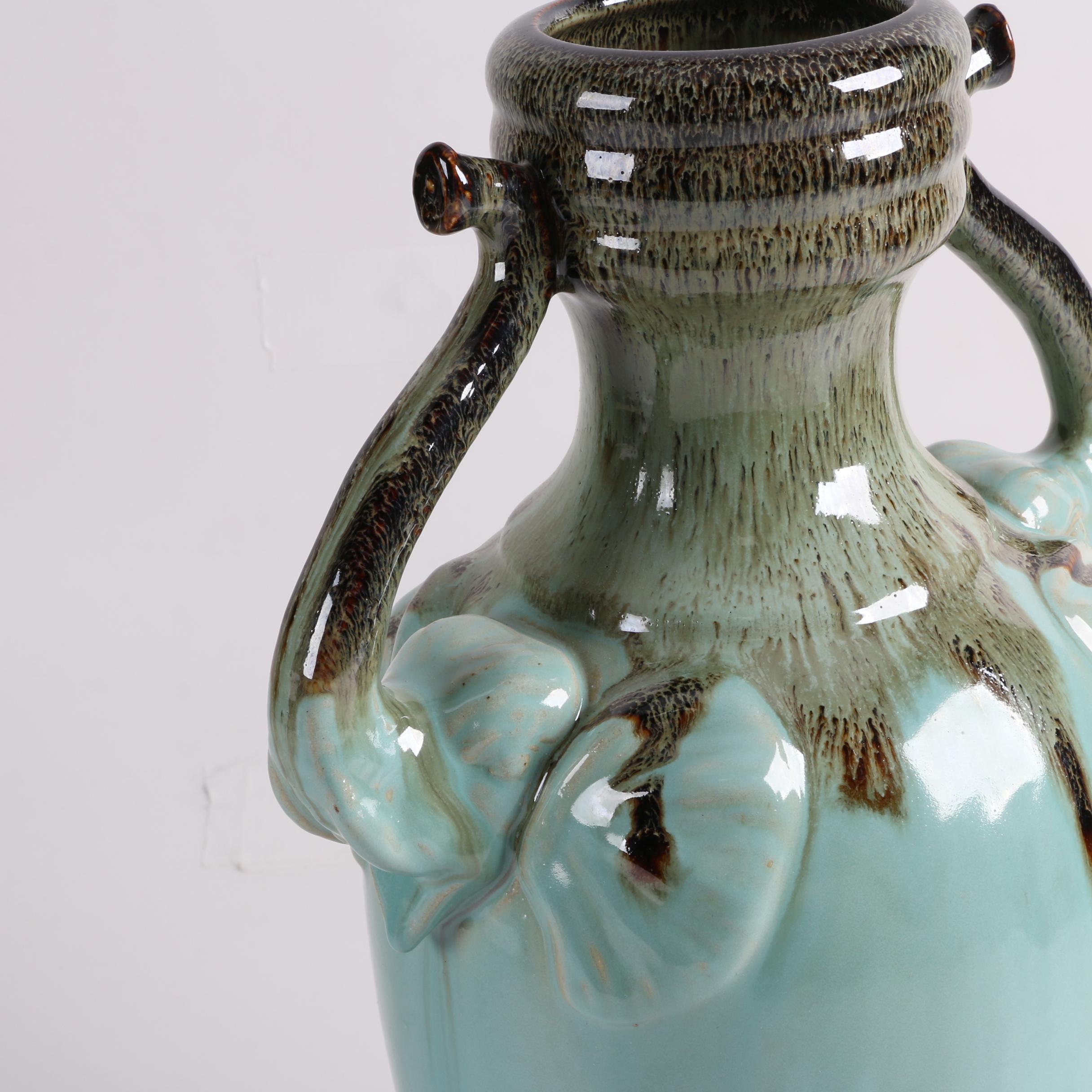 Three Hands Earthenware Drip Glazed Vases with Figurative Elephant Handles