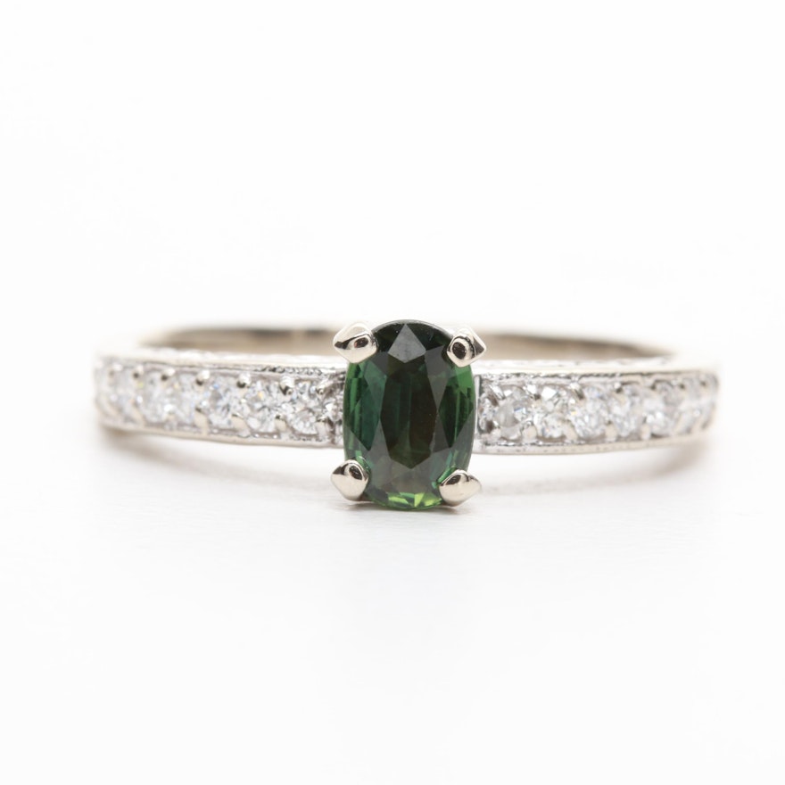 18K White Gold Green Sapphire and Diamond Ring