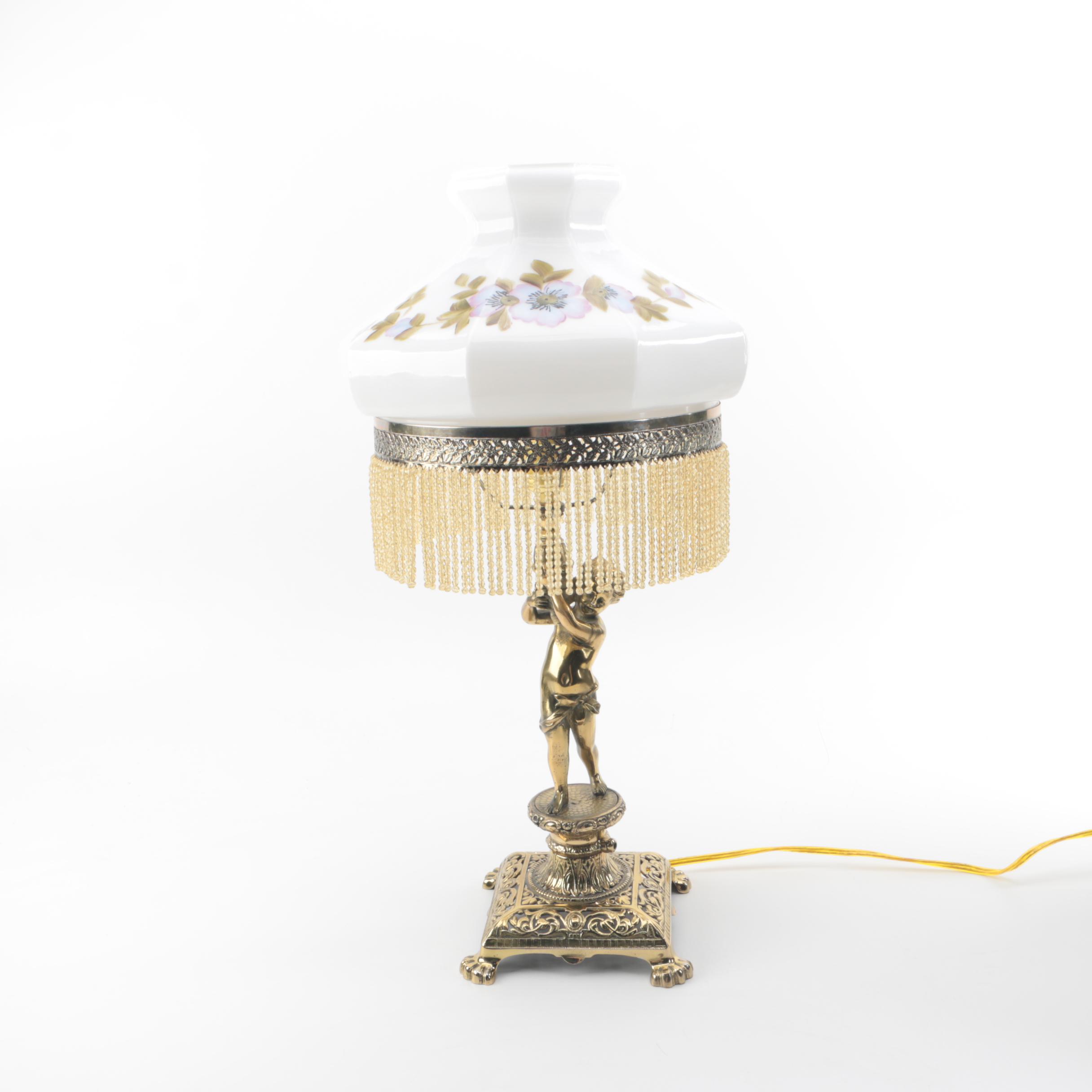 Vintage Brass Figural Lamp with Victorian Style Glass Beaded Shade