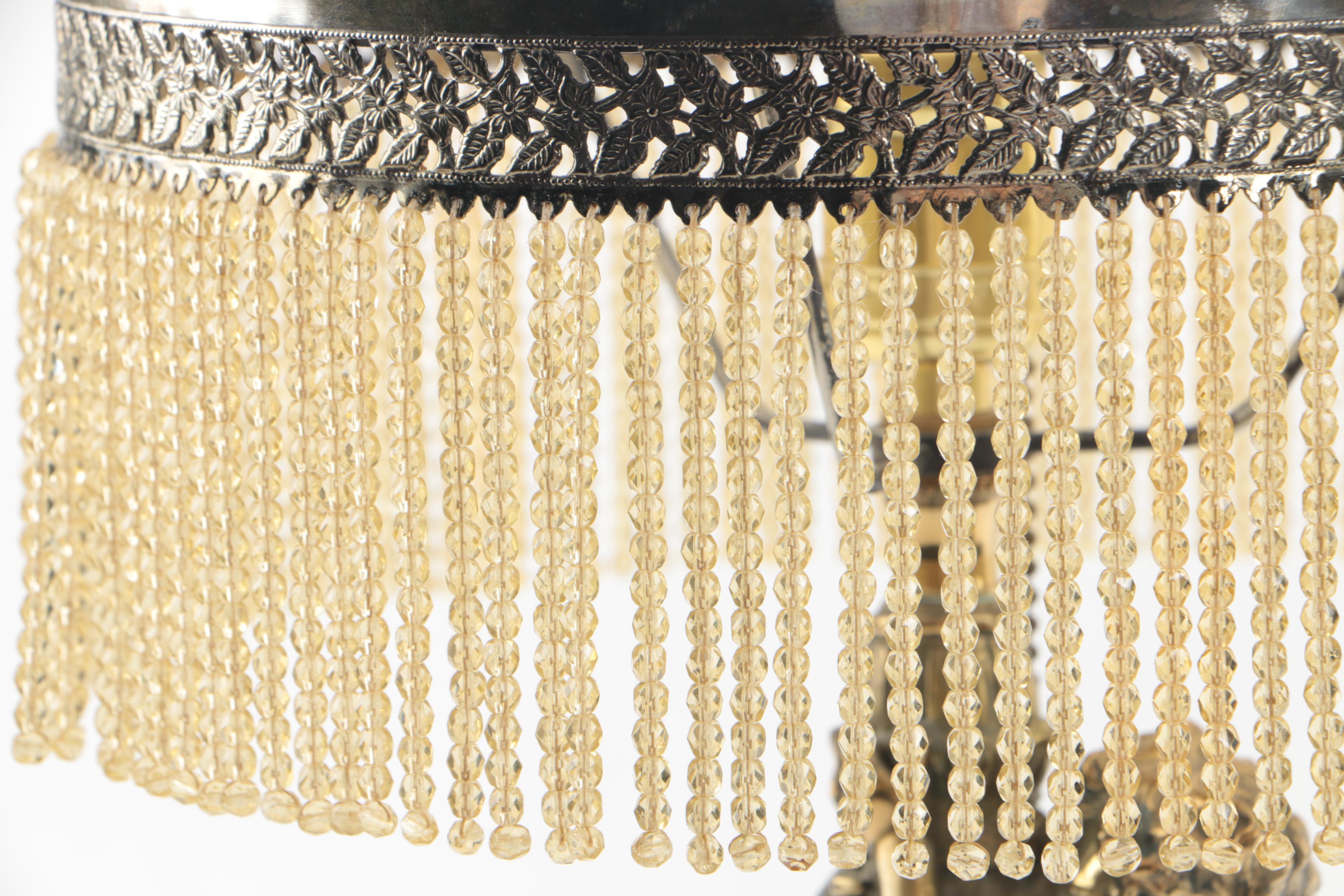 Vintage Brass Figural Lamp with Victorian Style Glass Beaded Shade