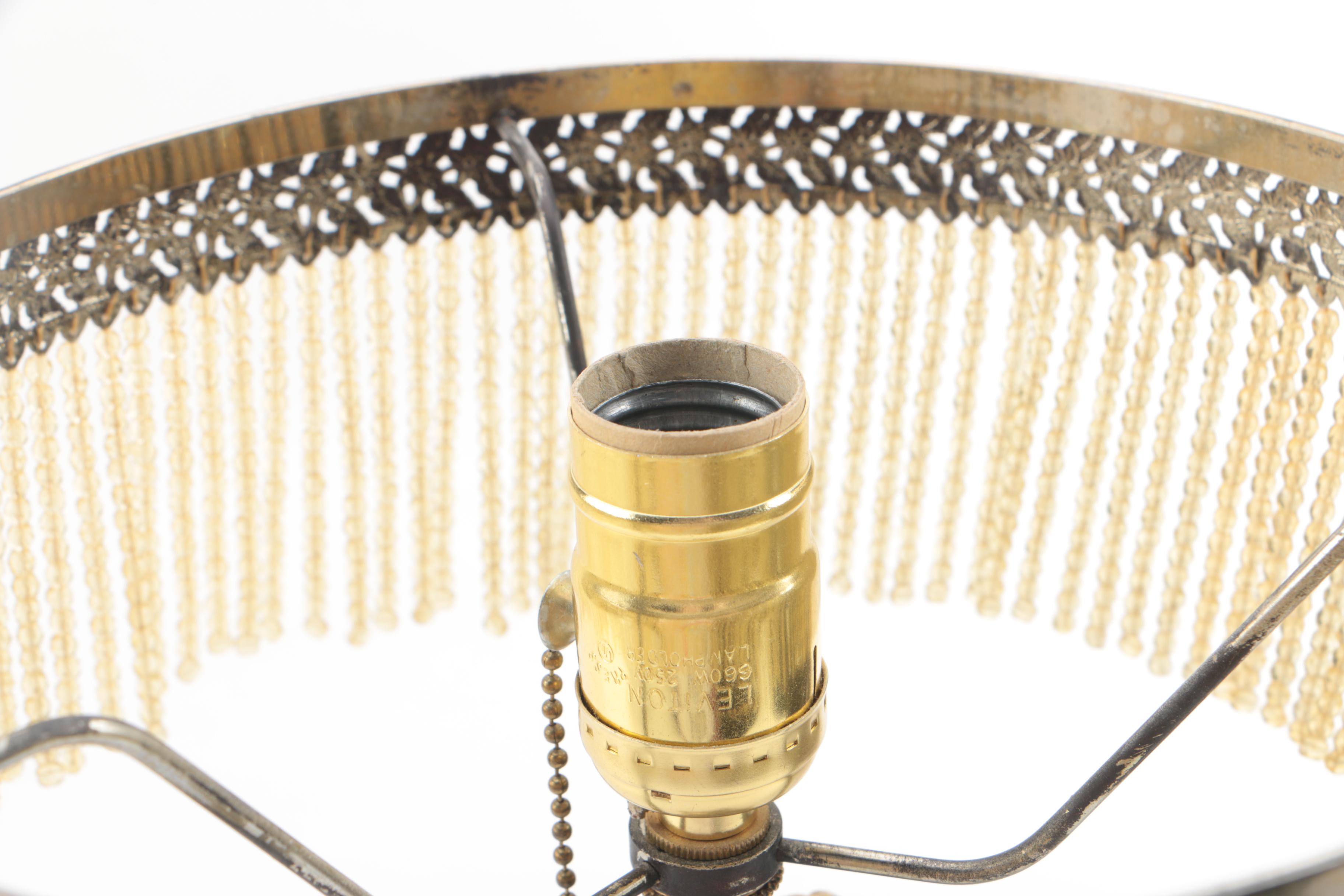 Vintage Brass Figural Lamp with Victorian Style Glass Beaded Shade