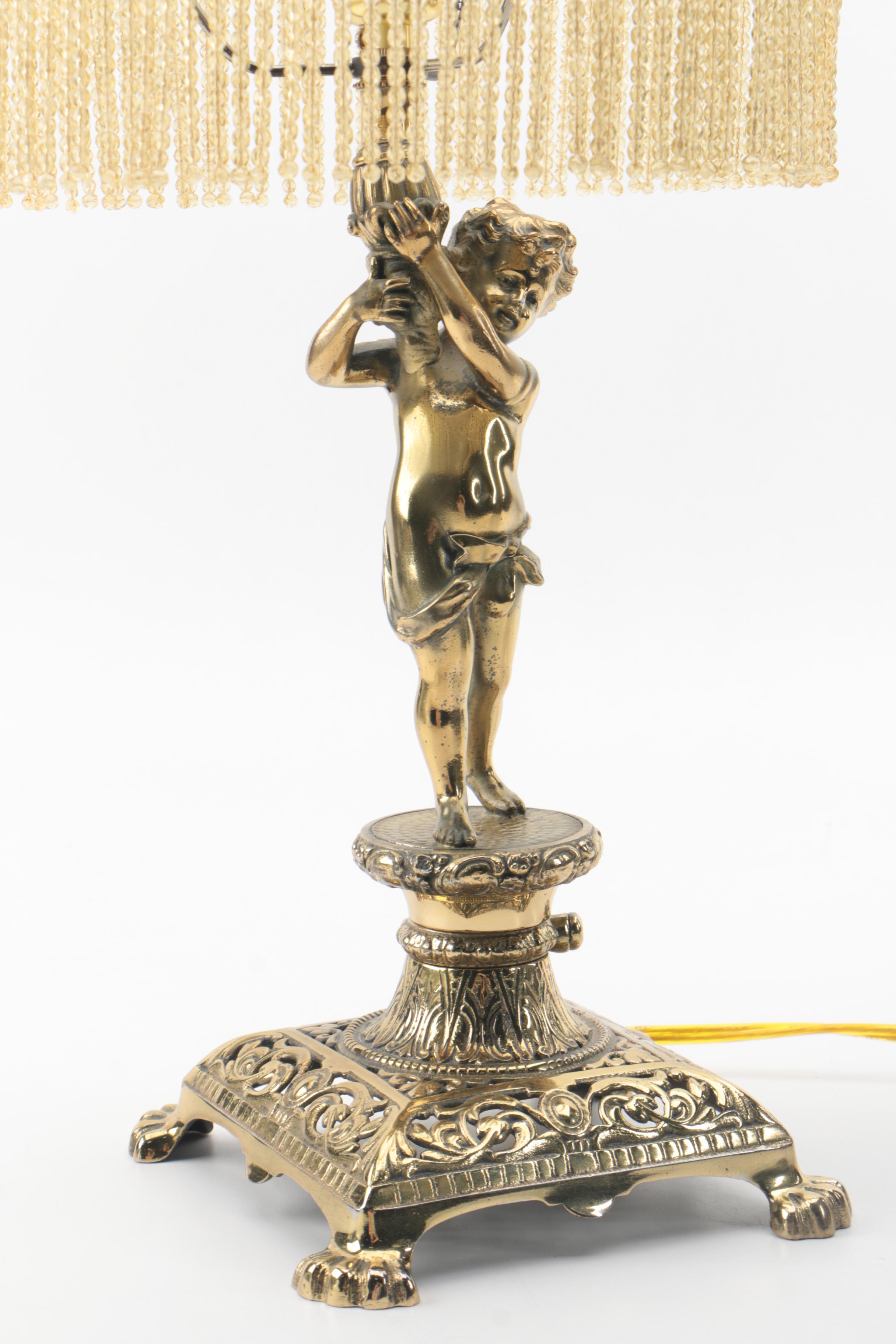 Vintage Brass Figural Lamp with Victorian Style Glass Beaded Shade