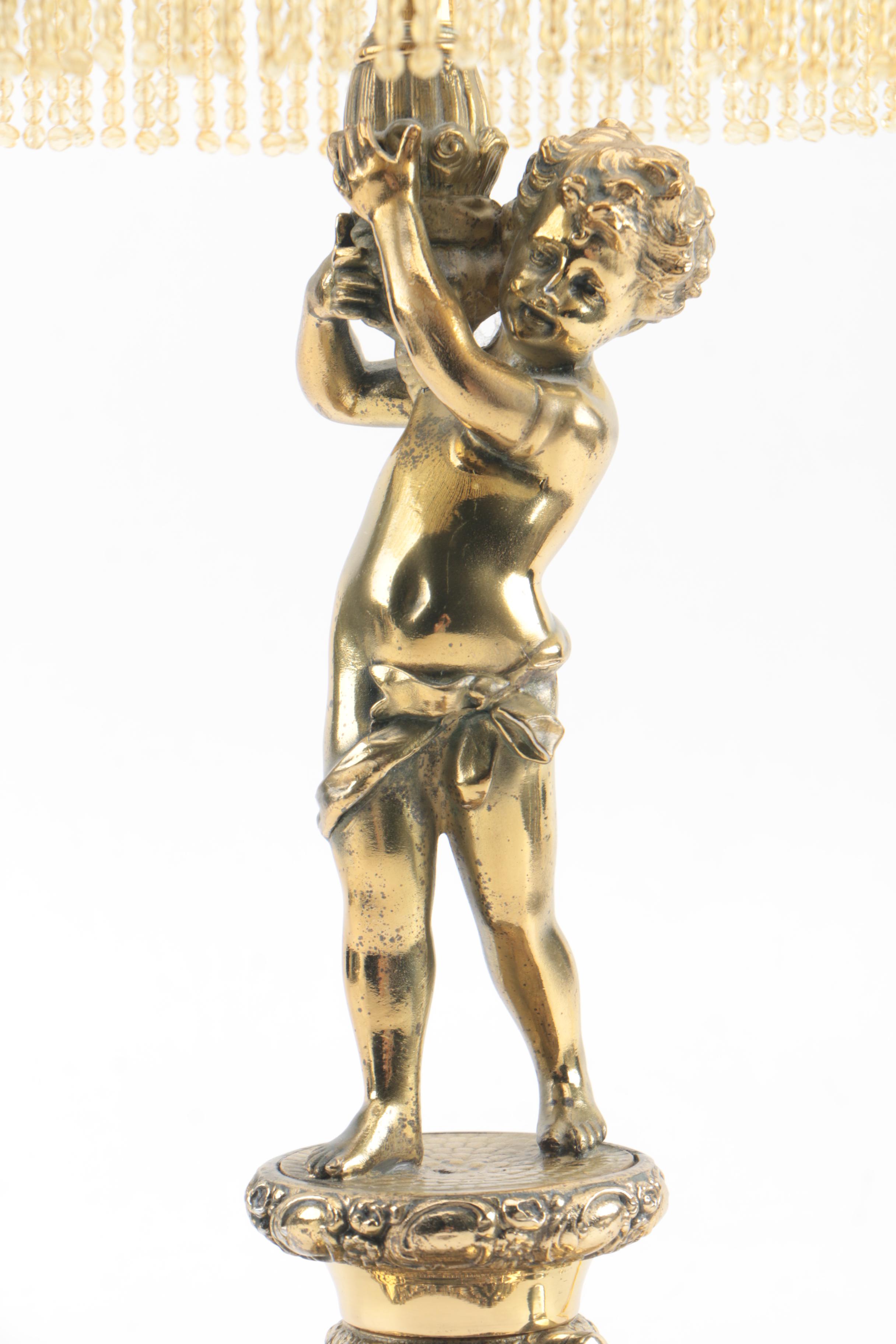 Vintage Brass Figural Lamp with Victorian Style Glass Beaded Shade