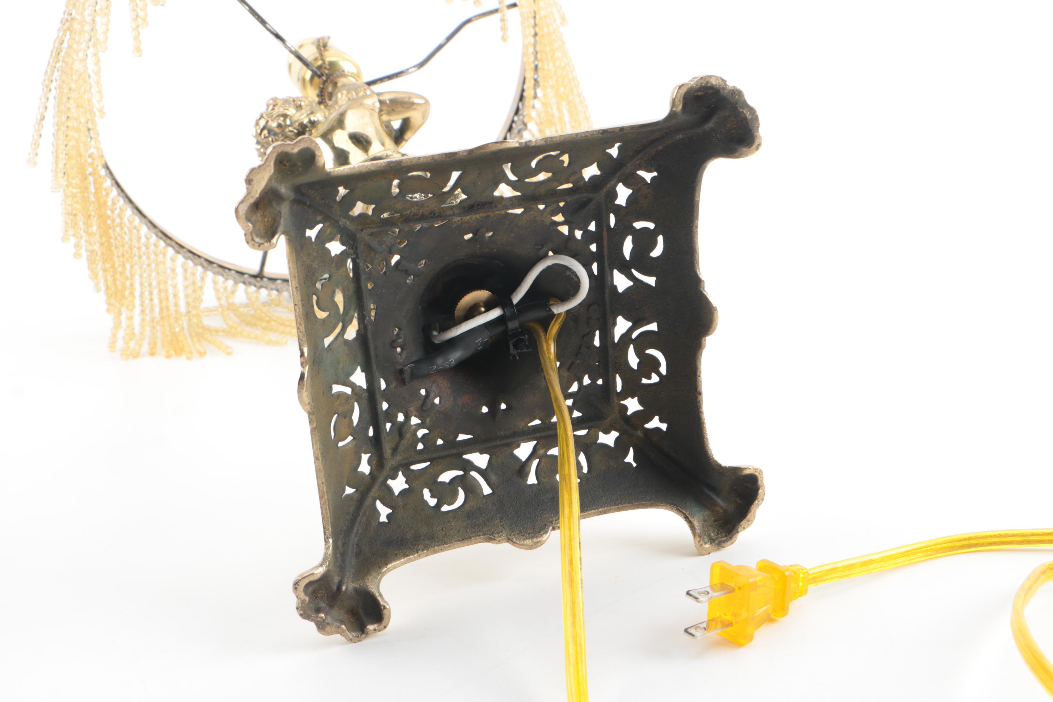 Vintage Brass Figural Lamp with Victorian Style Glass Beaded Shade