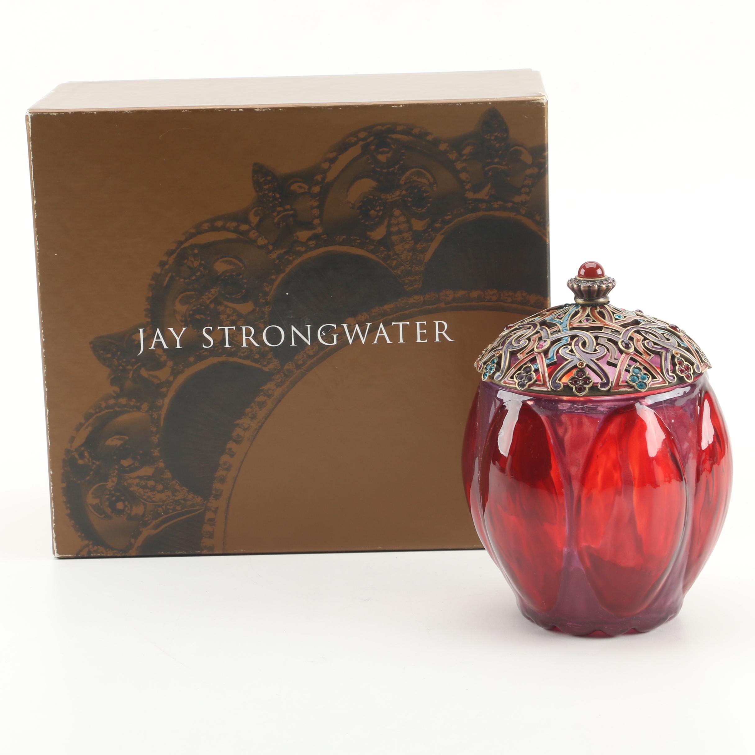 Jay Strongwater Arabesque Lidded Jar Featuring Enamel and Crystal Accents