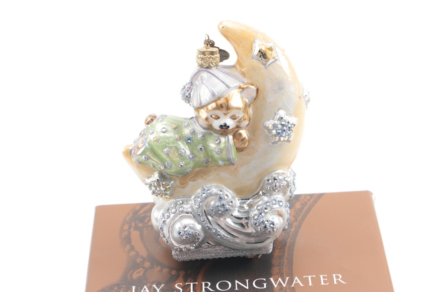 Jay Strongwater Bear on Moon Musical Ornament with Enamel and Crystal Accents