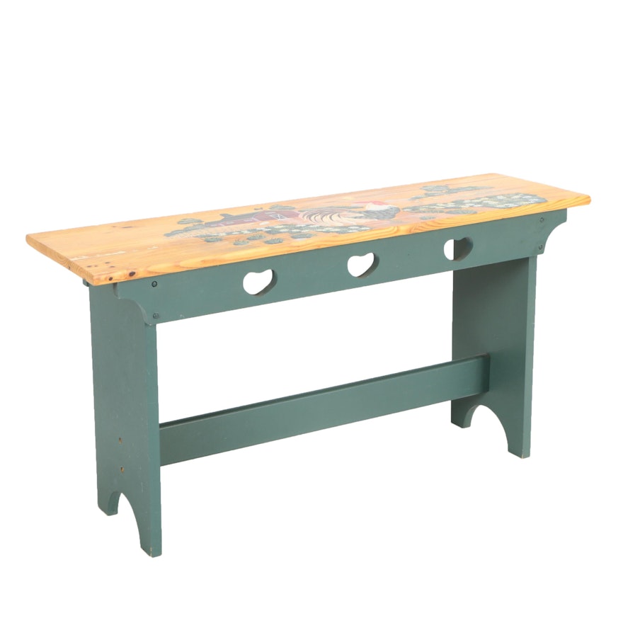 Country Style Painted Bench with Rooster and Barn Motif