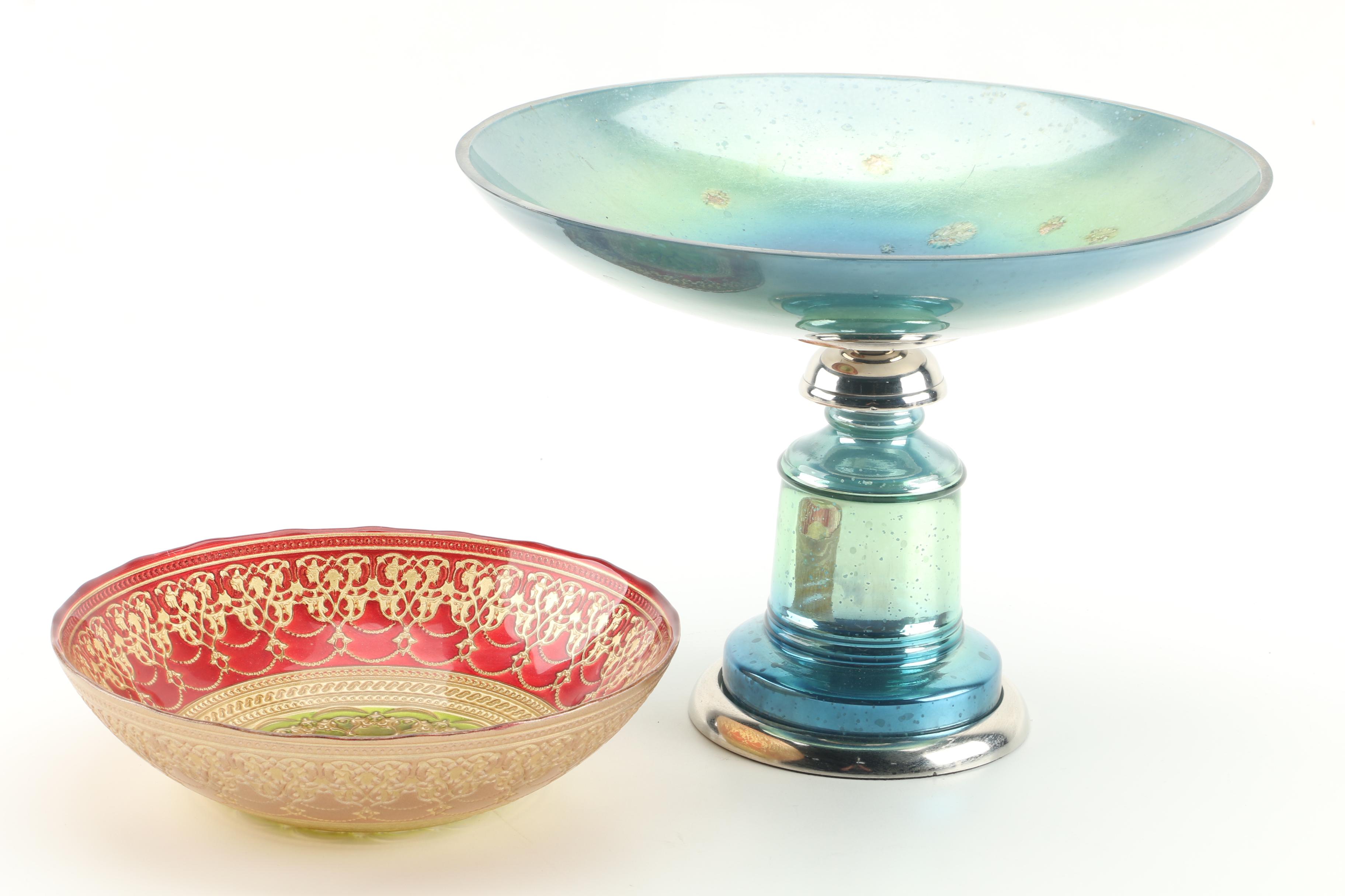 Blue and Silver Toned Compote Stand with Glass Bowl Insert