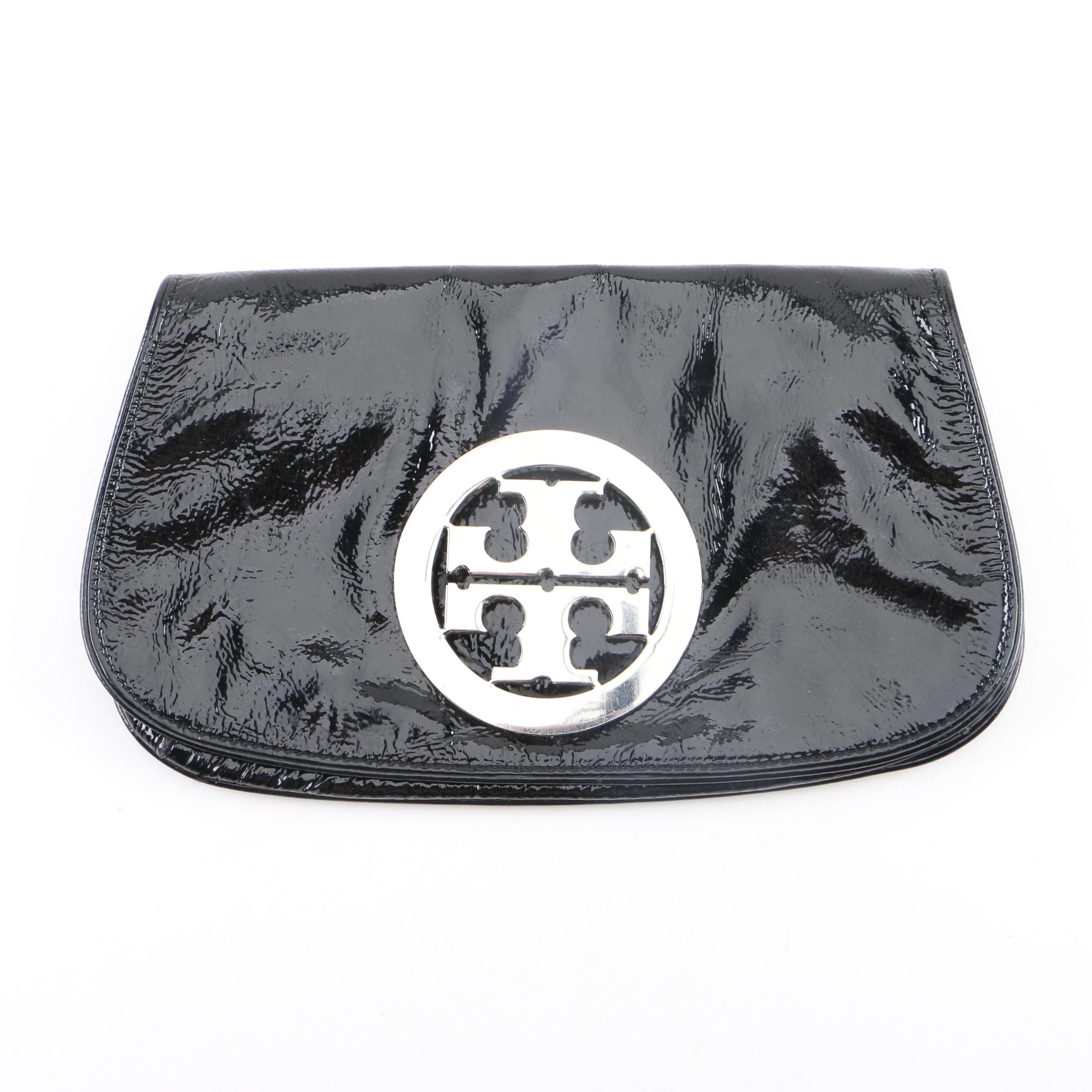 Tory Burch Black Patent Leather Logo Clutch