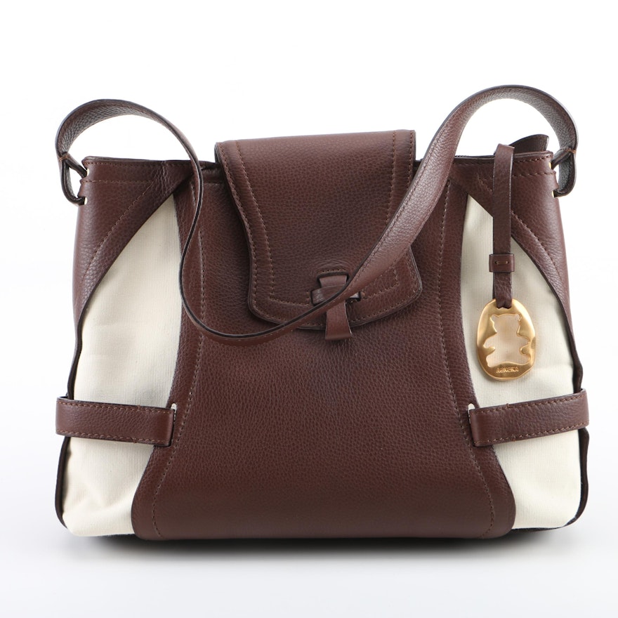 Agnona Off-White Canvas and Brown Leather Handbag
