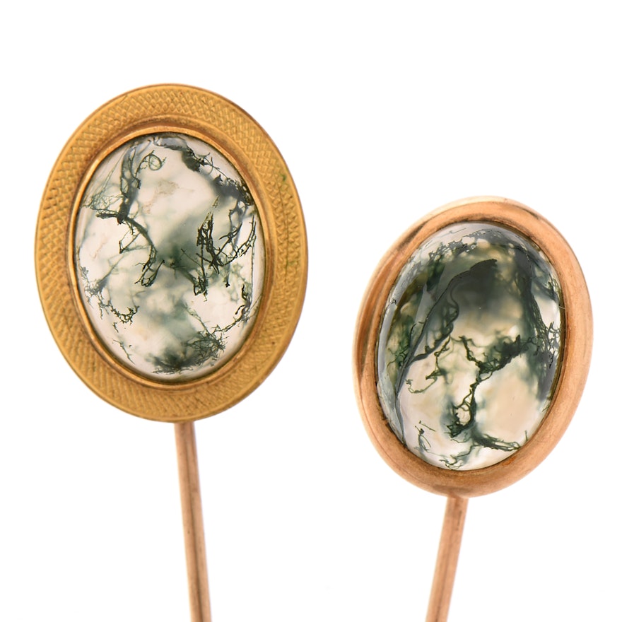 Pairing of 10K Yellow Gold Moss Agate Stickpins