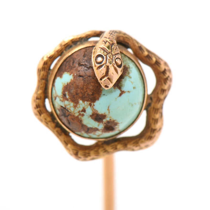 10K and 14K Yellow Gold Turquoise Snake Stickpin