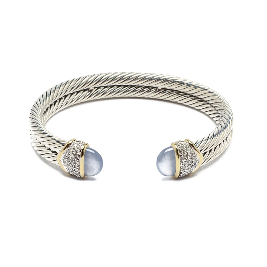 David Yurman Sterling Silver and 18K Gold Diamond Cable Bracelet