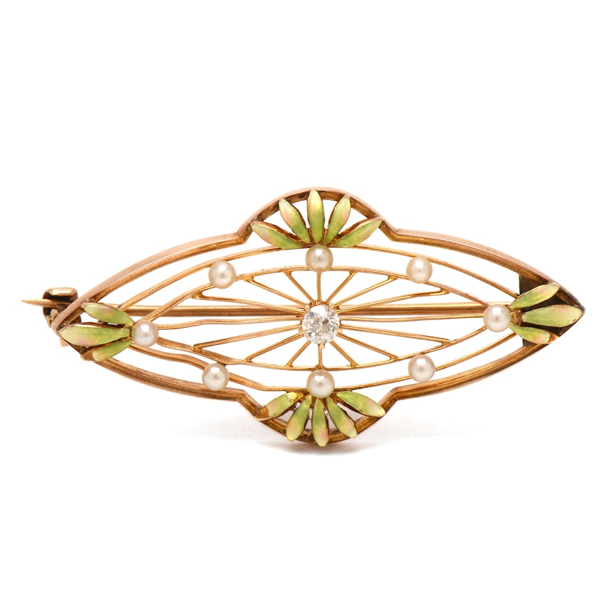 Art Nouveau Krementz 14K Yellow Gold Diamond and Seed Pearl Enameled Brooch