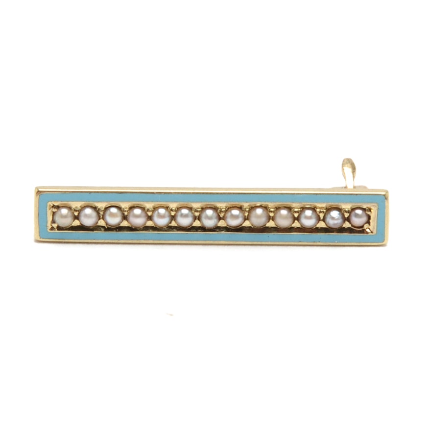 Antique 14K Yellow Gold Seed Pearl and Enamel Pin