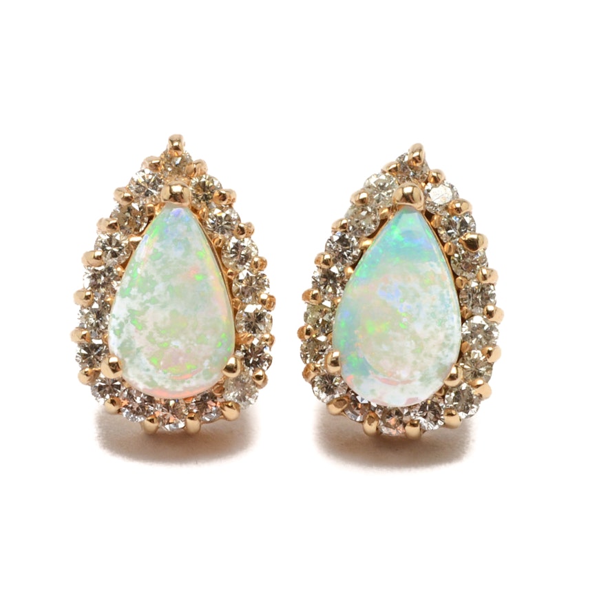 14K Yellow Gold Opal Earrings with Diamond Accents