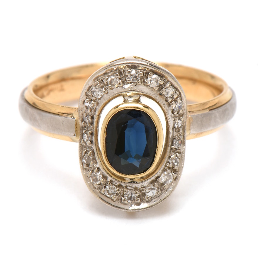 14K Yellow Gold with Platinum Blue Sapphire and Diamond Ring