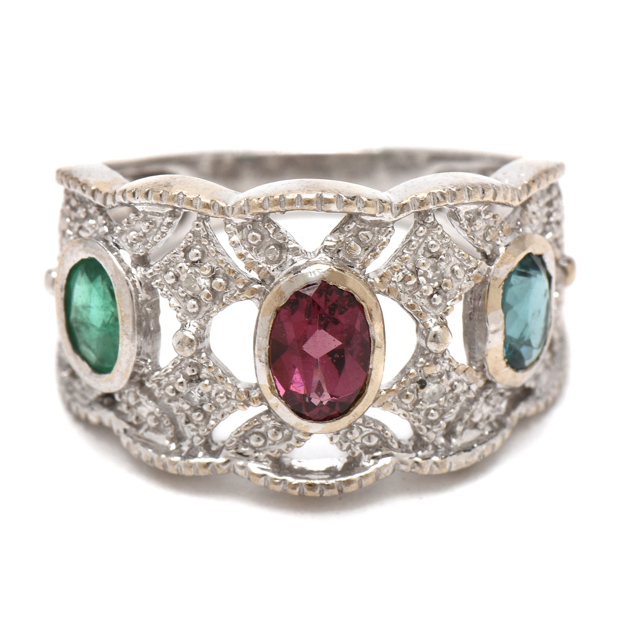 18K White Gold Rhodolite, Blue Tourmaline, Emerald, and Diamond Ring