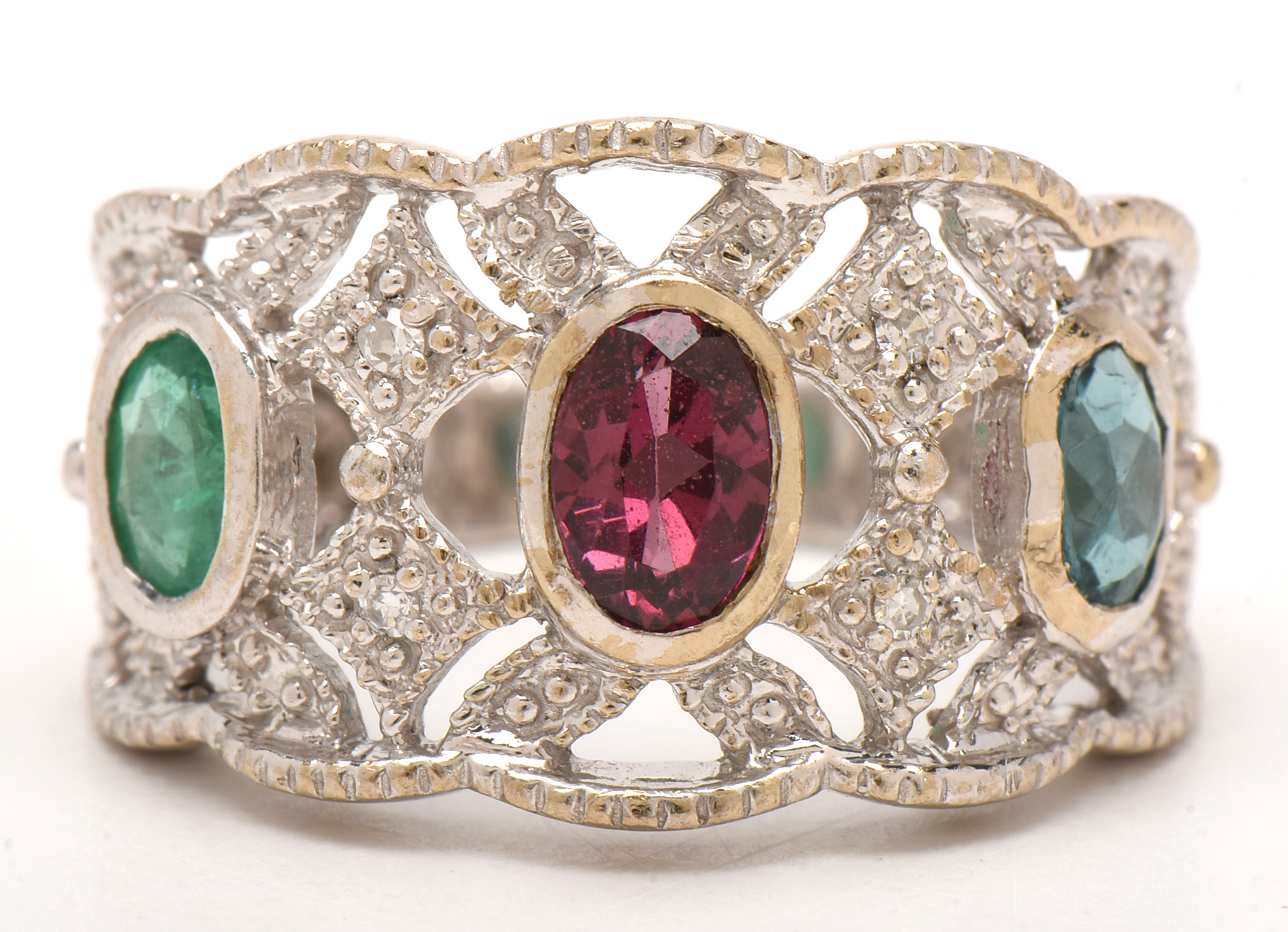 18K White Gold Rhodolite, Blue Tourmaline, Emerald, and Diamond Ring