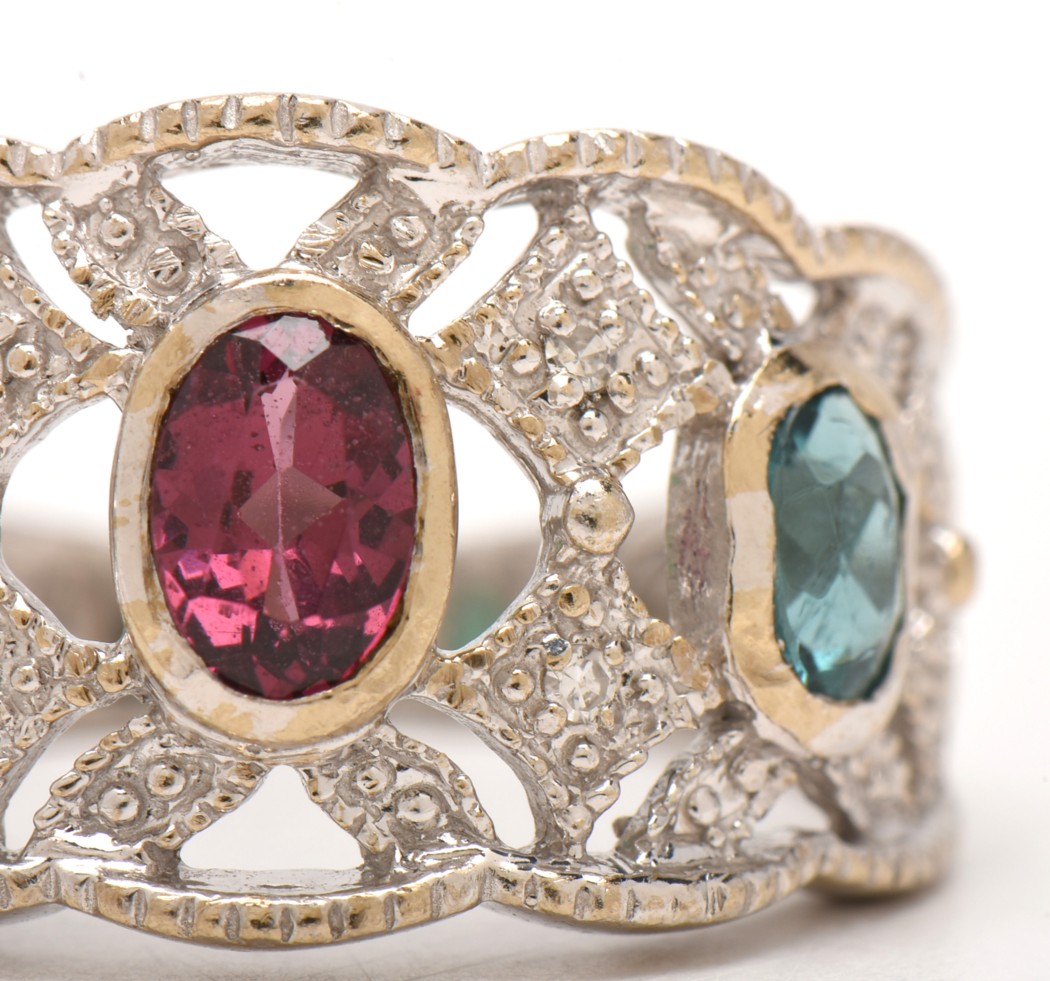 18K White Gold Rhodolite, Blue Tourmaline, Emerald, and Diamond Ring