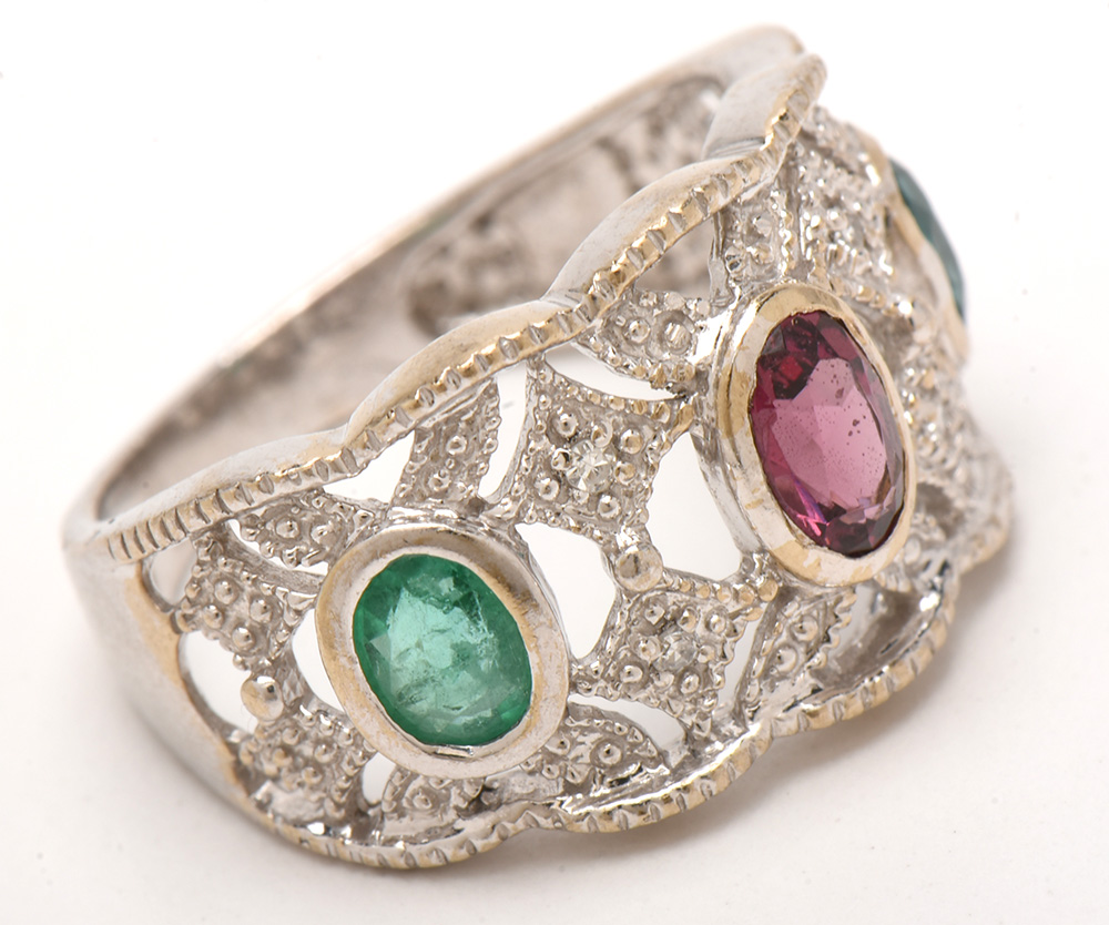 18K White Gold Rhodolite, Blue Tourmaline, Emerald, and Diamond Ring
