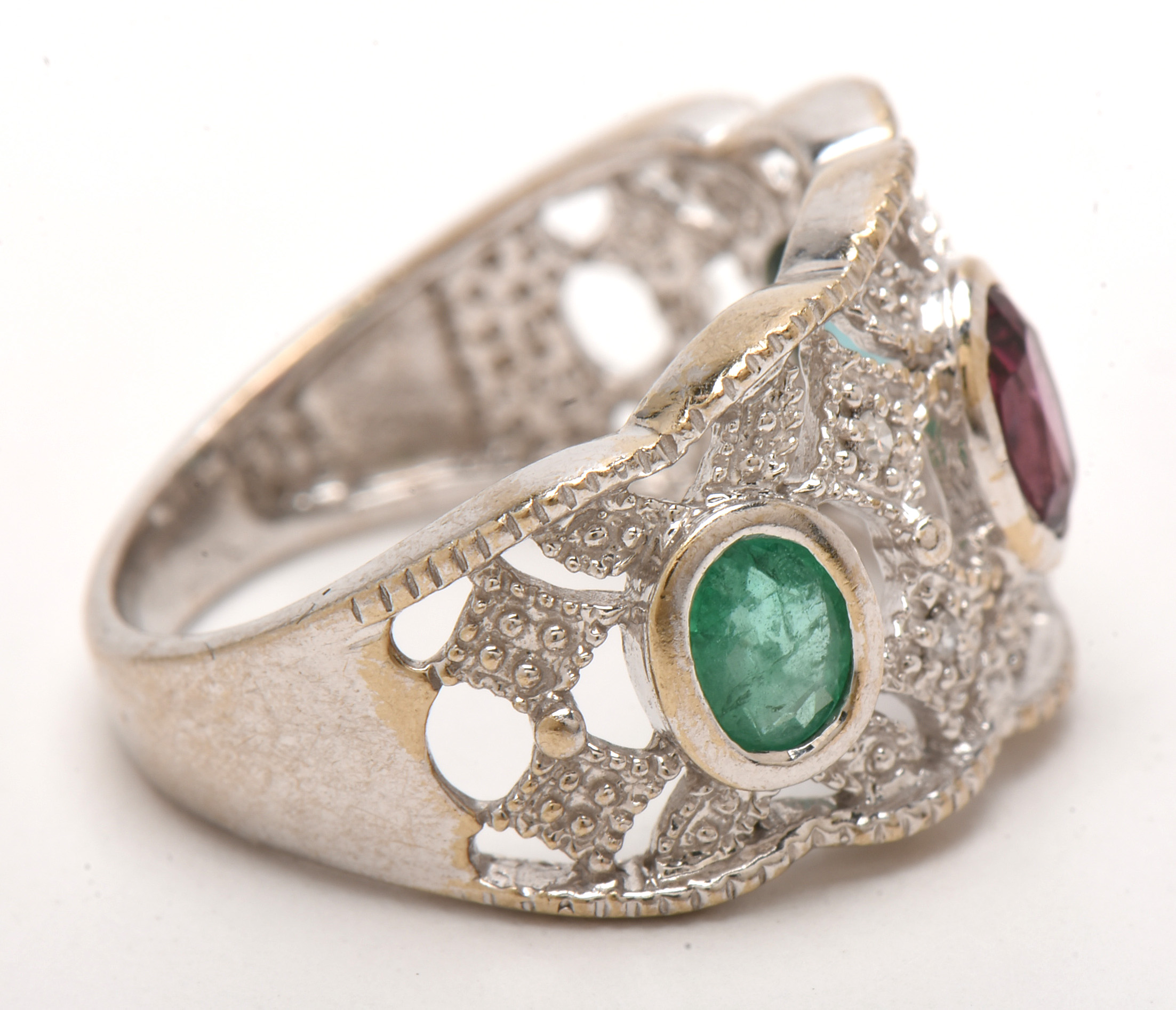 18K White Gold Rhodolite, Blue Tourmaline, Emerald, and Diamond Ring