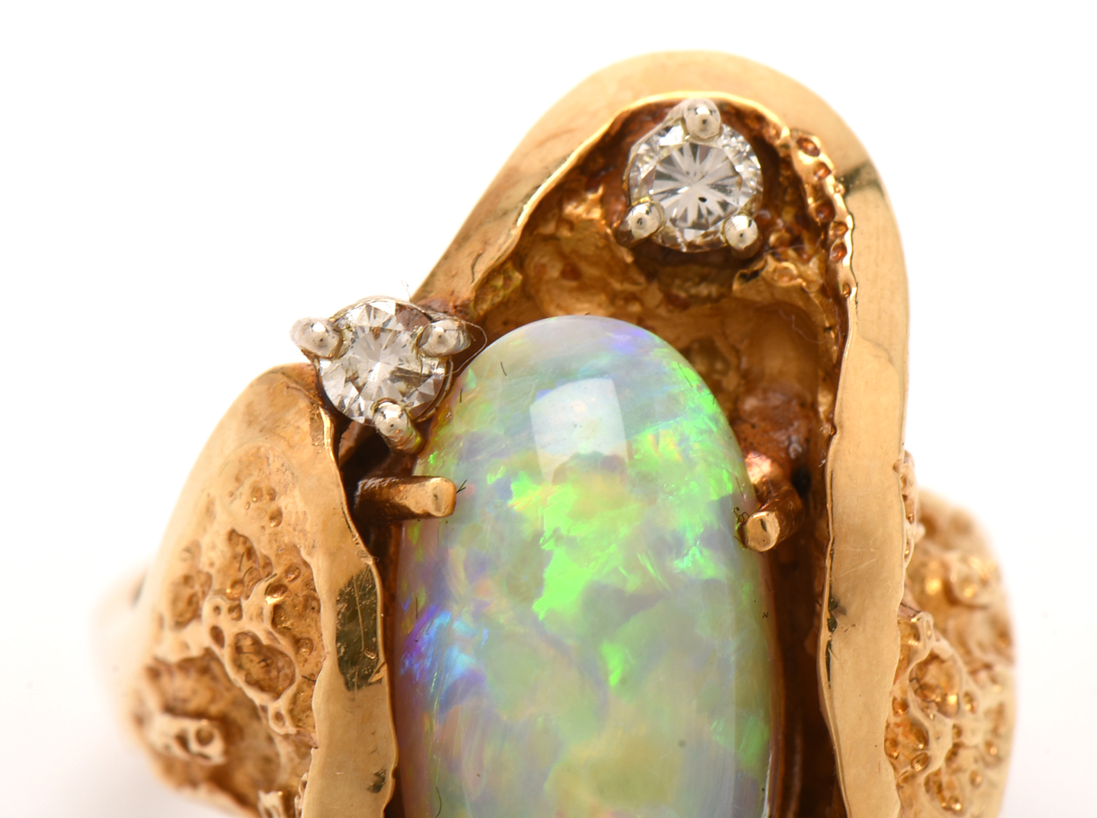 Brutalist 18K Yellow Gold Opal and Diamond Statement Ring