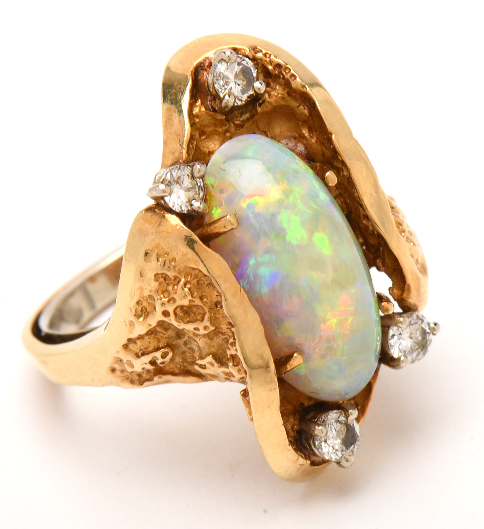 Brutalist 18K Yellow Gold Opal and Diamond Statement Ring