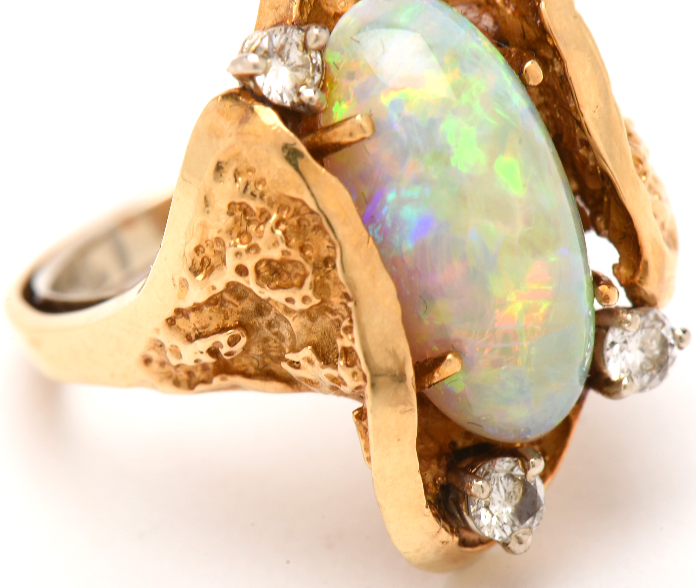 Brutalist 18K Yellow Gold Opal and Diamond Statement Ring