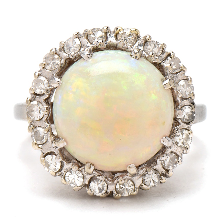 14K White Gold Opal and Diamond Ring