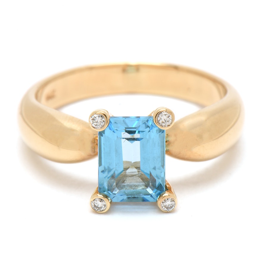 14K Yellow Gold Blue Topaz and Diamond Ring