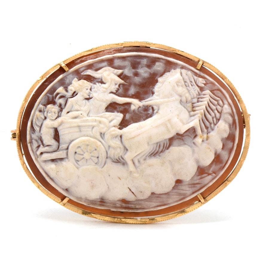 Vintage 18K Yellow Gold Mythology Carved Helmet Shell Cameo Convertor Brooch