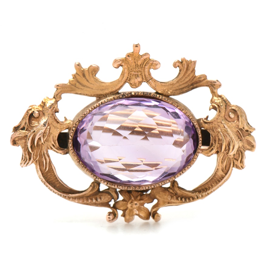 Victorian 10K Yellow Gold Brooch with Faceted 7.80 CT Amethyst Center Stone