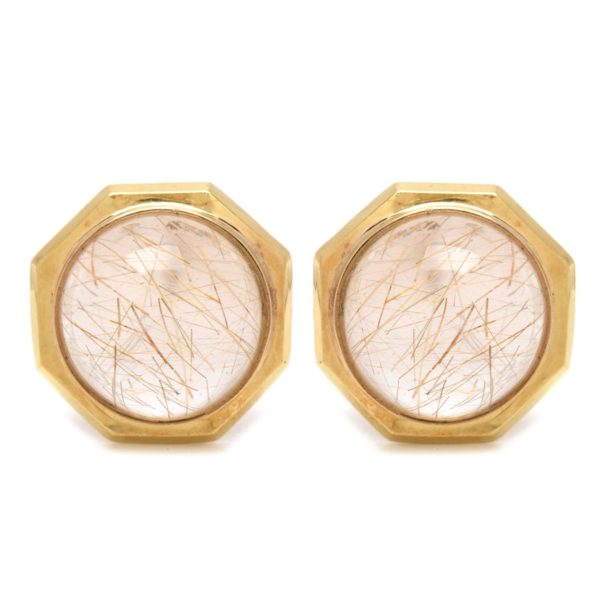 18K Yellow Gold Rutilated Quartz Cabochon Earrings