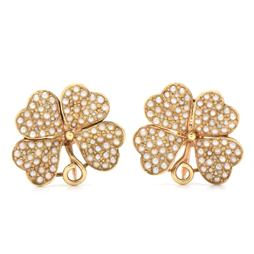 Edwardian Sloan & Co 14K Yellow Gold Seed Pearl Four-Leaf Clover Earring