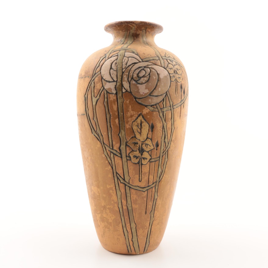 Early Weller Pottery Etched Matte Vase with Incised Floral Pattern