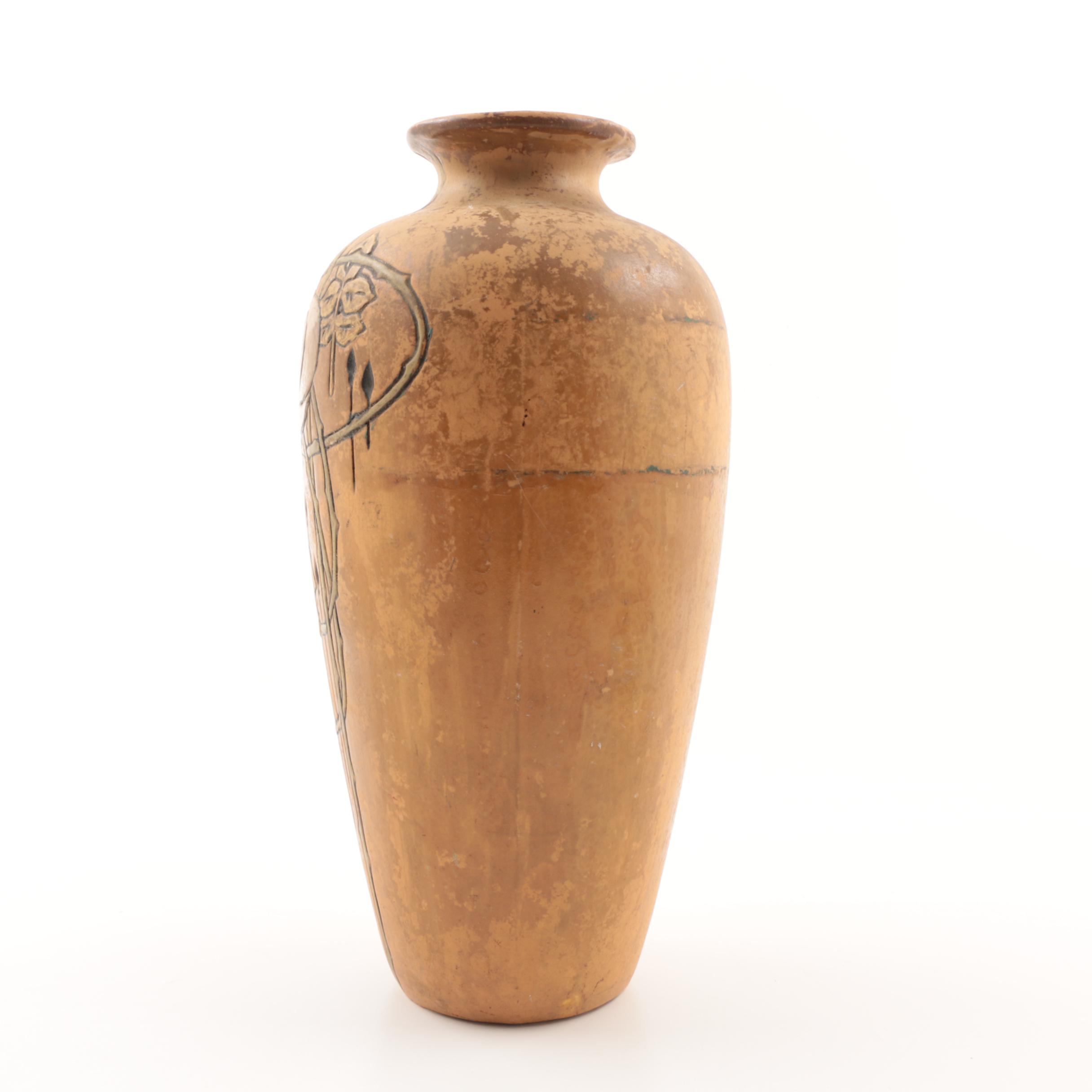 Early Weller Pottery Etched Matte Vase with Incised Floral Pattern