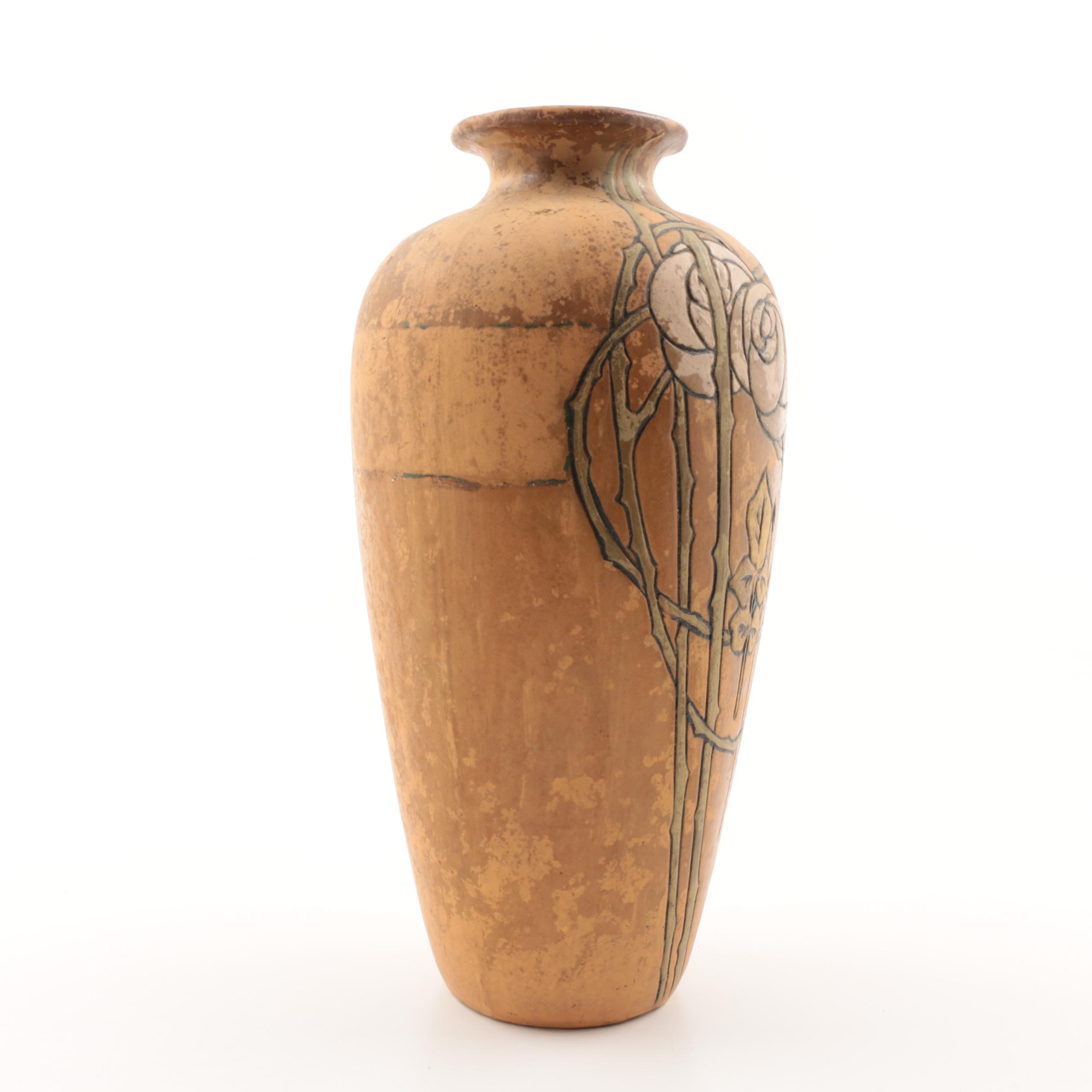 Early Weller Pottery Etched Matte Vase with Incised Floral Pattern