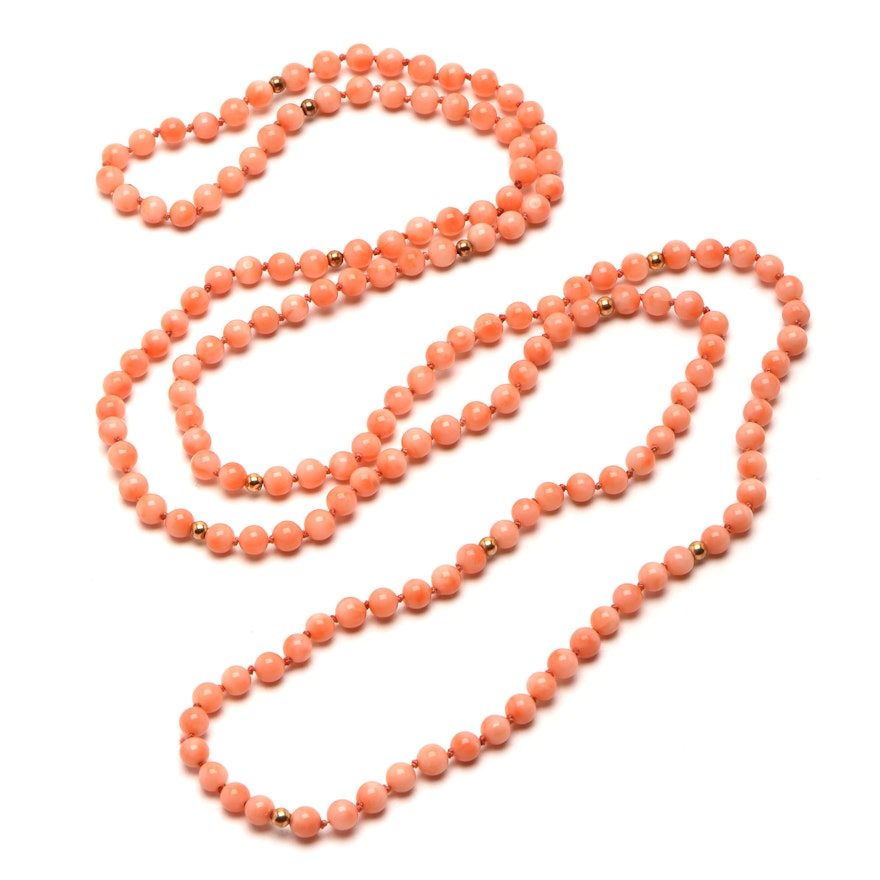 14K Yellow Gold and Coral Knotted Bead Necklace