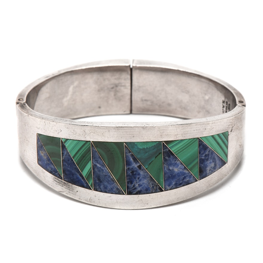 Taxco, Mexico Sterling Silver Malachite and Sodalite Inlay Bangle Bracelet