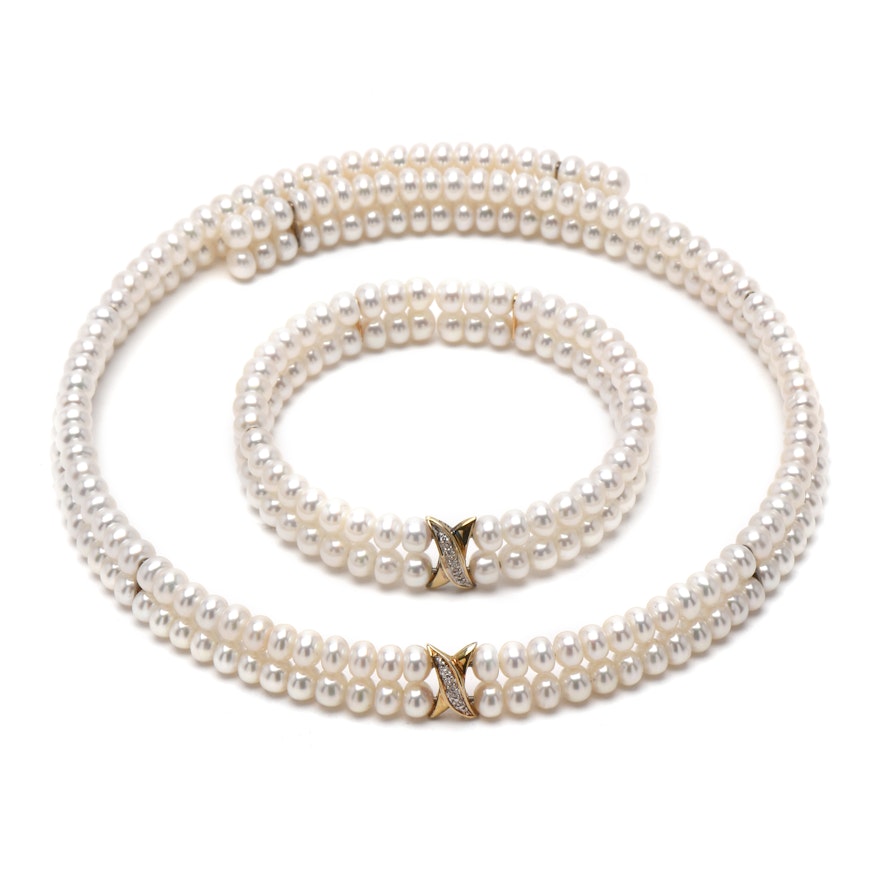 Gold Wash Sterling Silver Cultured Pearl and Diamond Necklace and Bracelet