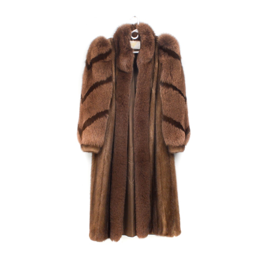 Ranch Mink Fur Full-Length Coat with Fox Fur Sleeves and Collar