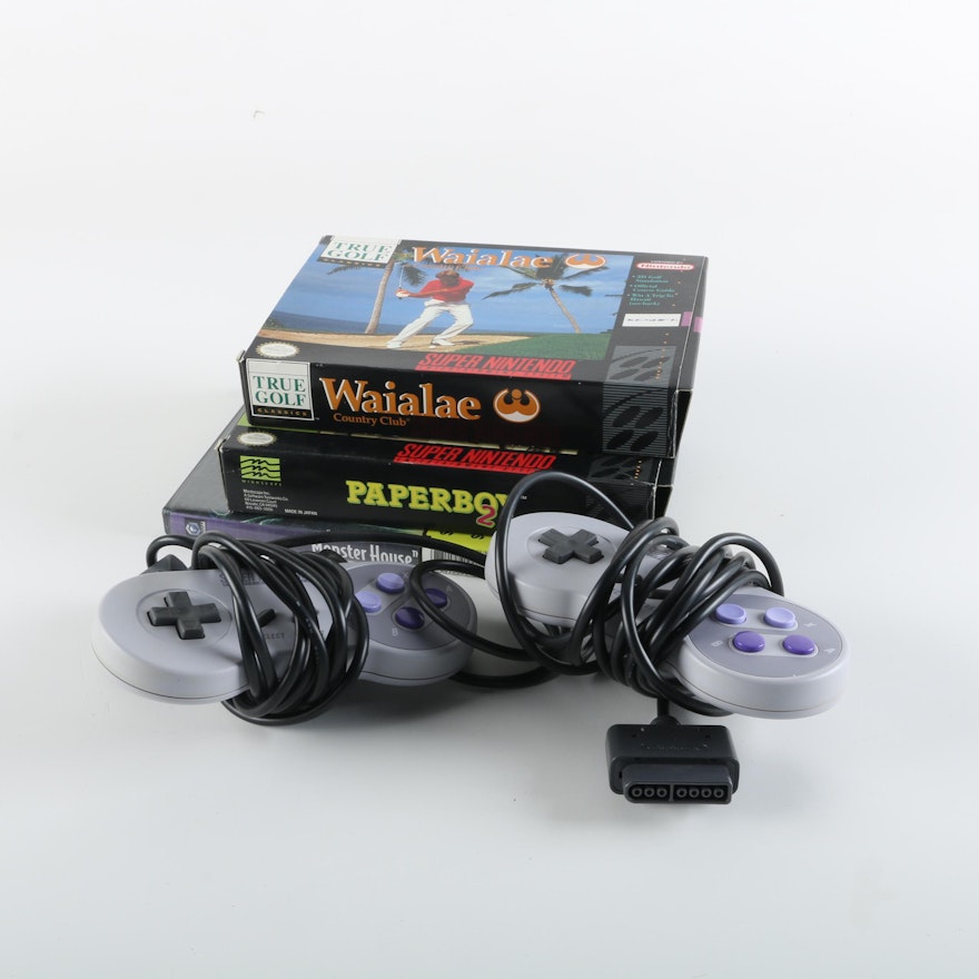 Super Nintendo Controllers with Games and GameCube Game