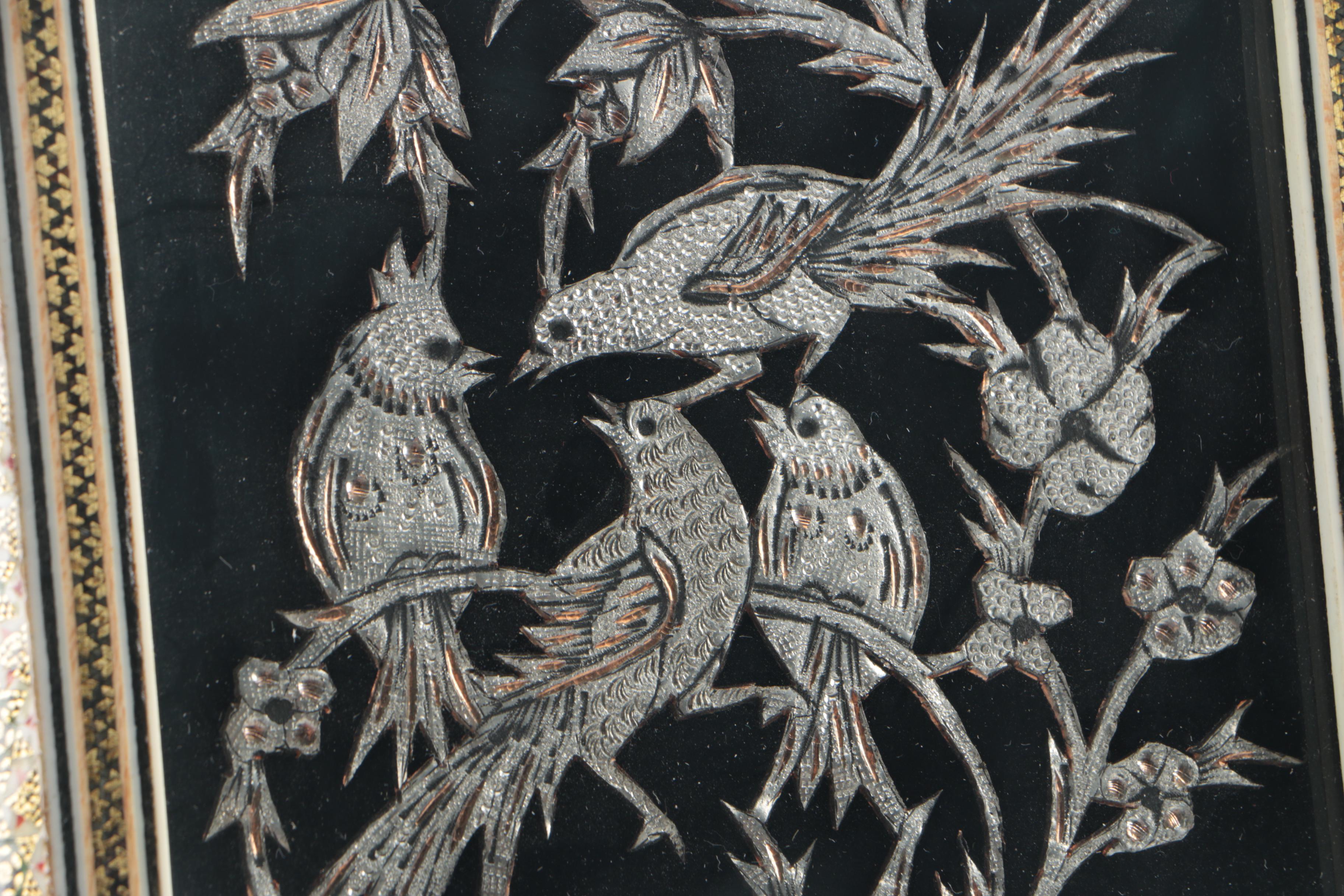 Indo-Persian Artwork of Birds In Ornate Inlaid Frame