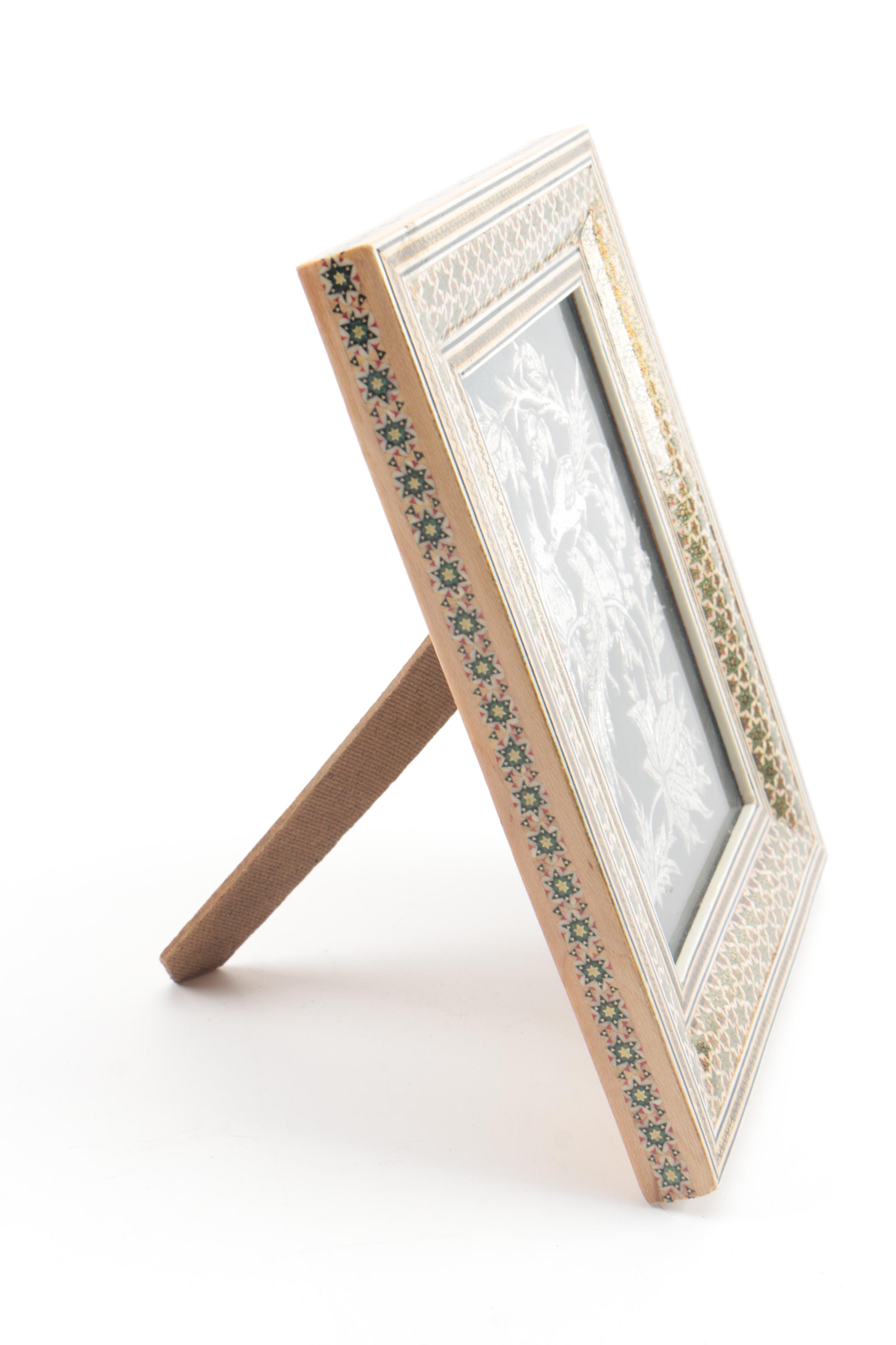 Indo-Persian Artwork of Birds In Ornate Inlaid Frame