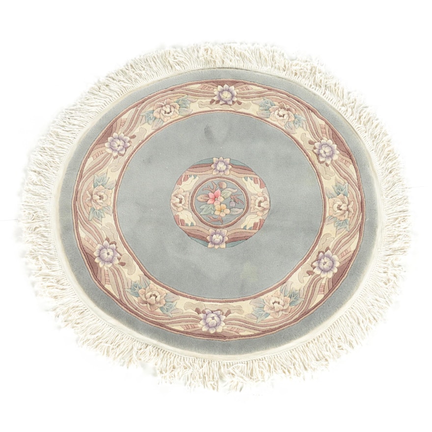 Hand-Knotted Chinese Floral Carved Round Wool Area Rug