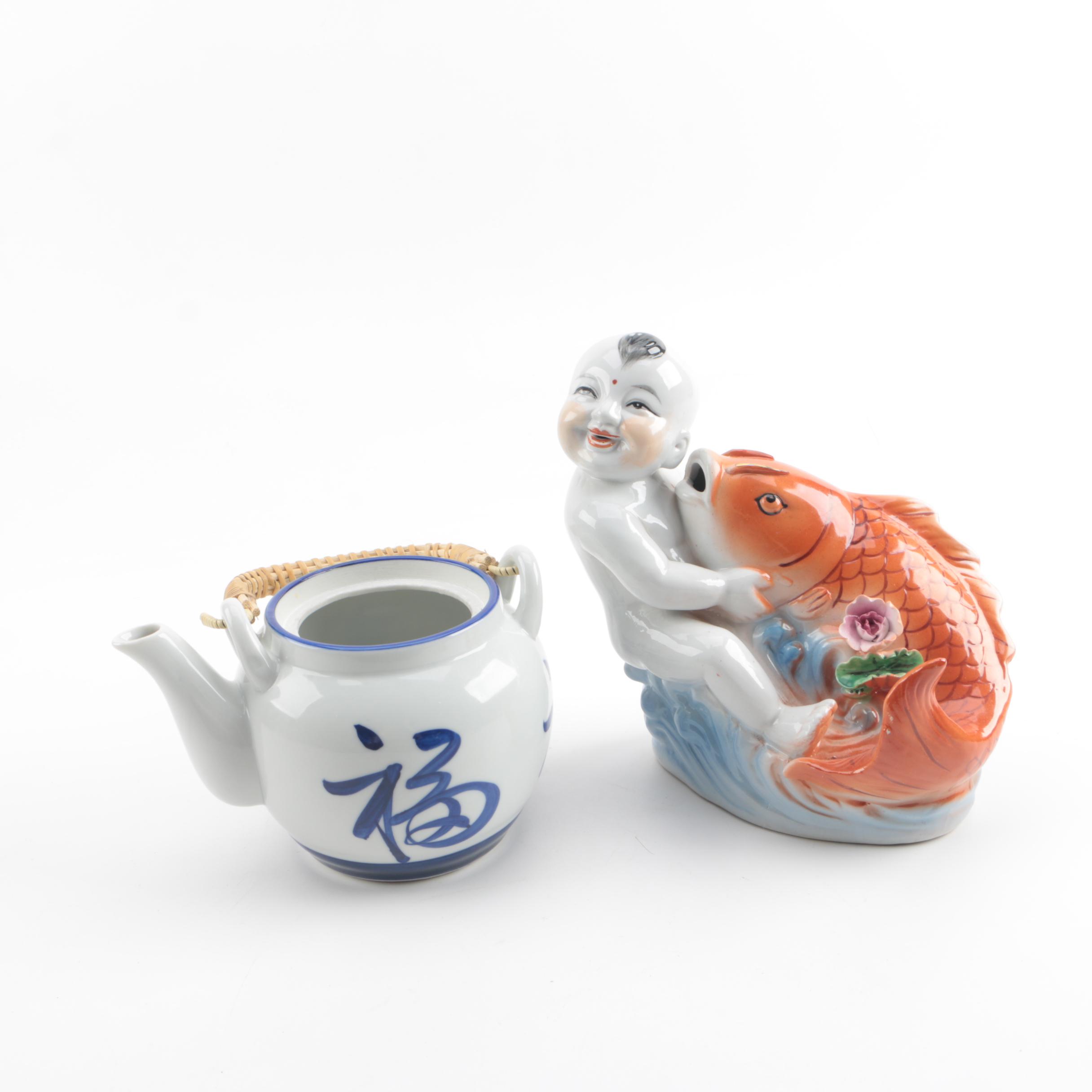 Chinese Inspired Ceramic Boy and Fish Figurine with Japanese Teapot