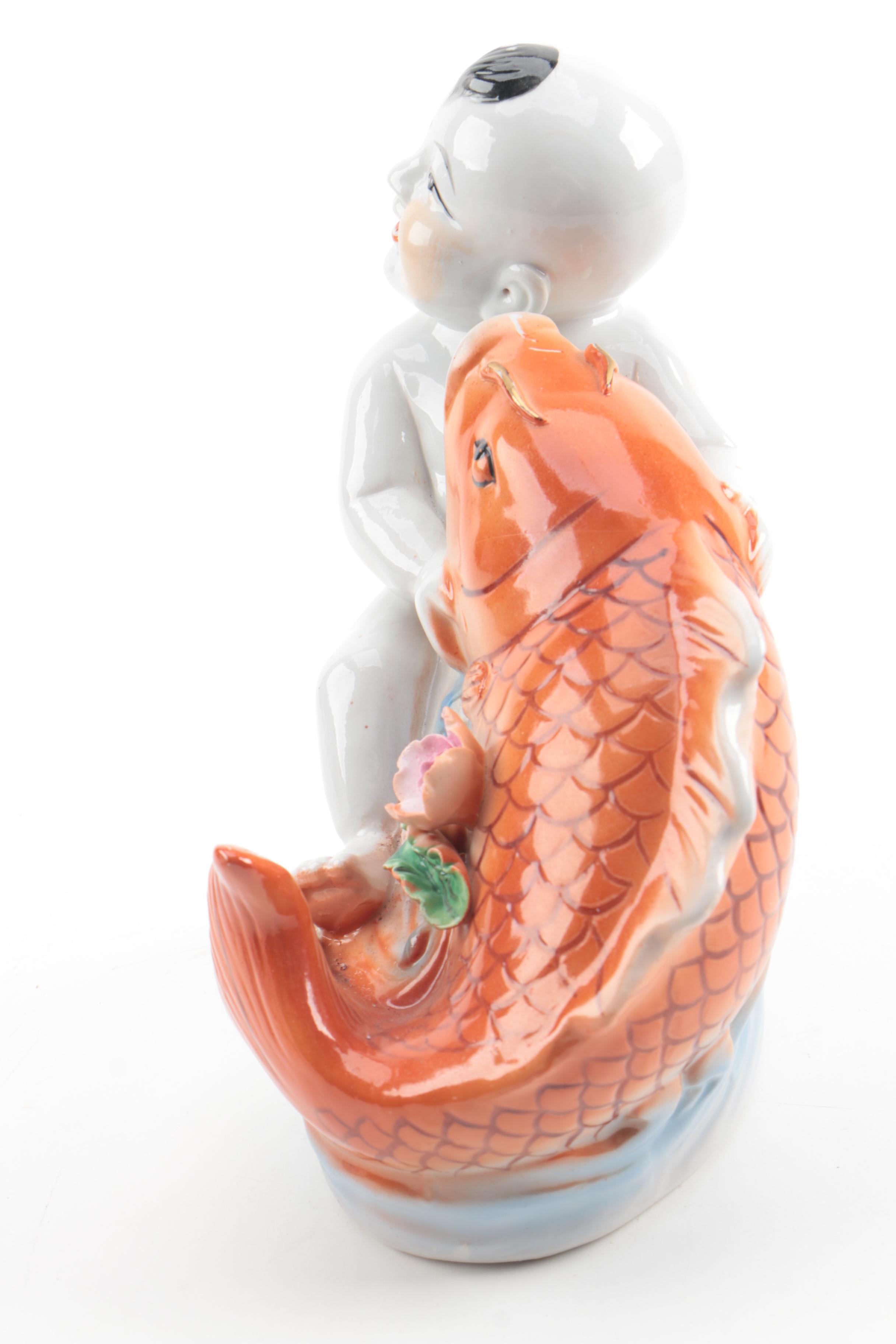 Chinese Inspired Ceramic Boy and Fish Figurine with Japanese Teapot