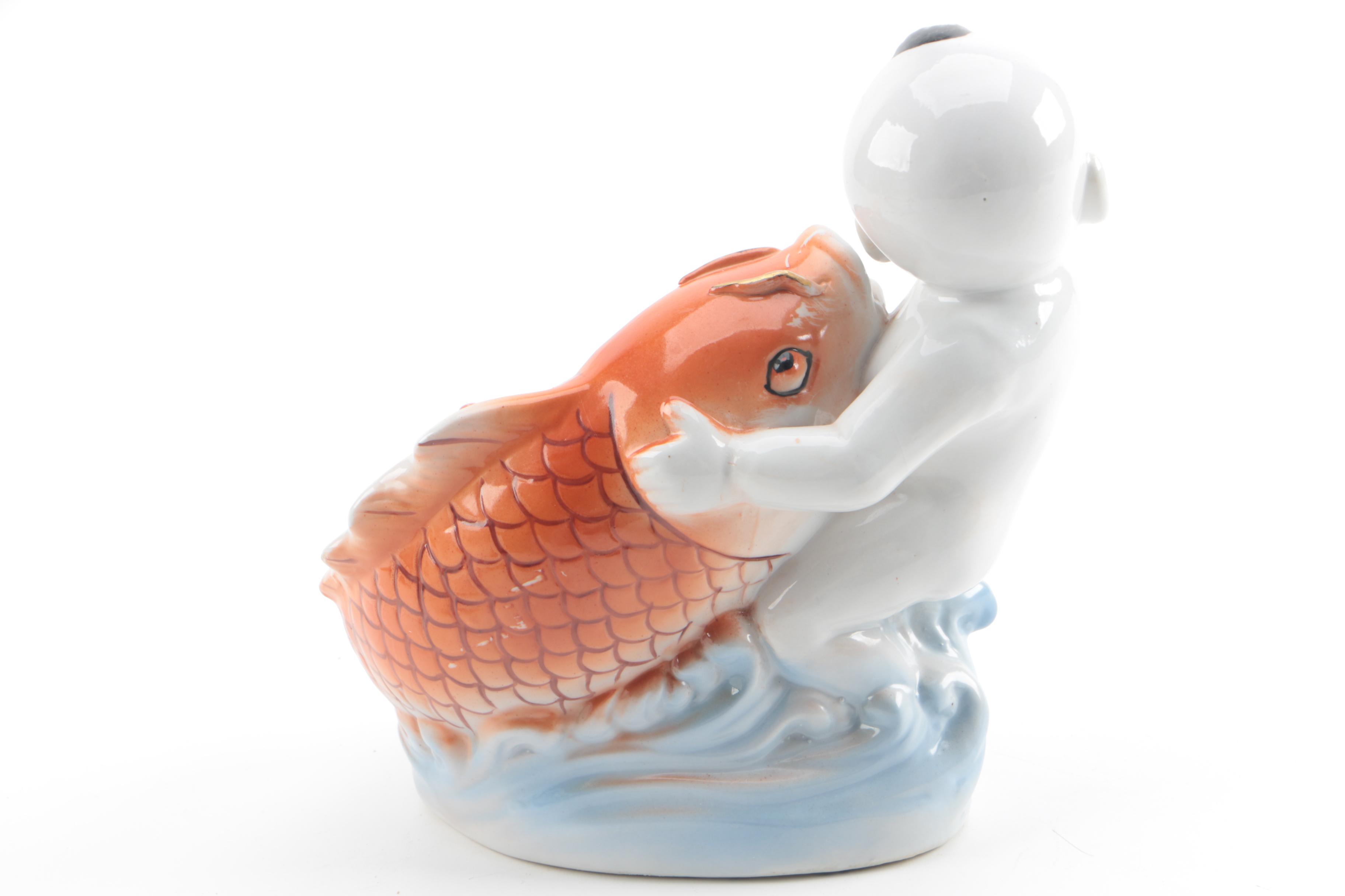 Chinese Inspired Ceramic Boy and Fish Figurine with Japanese Teapot