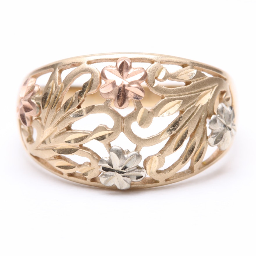 Michael Anthony 10K Yellow Gold Ring with White and Rose Gold Floral Accents